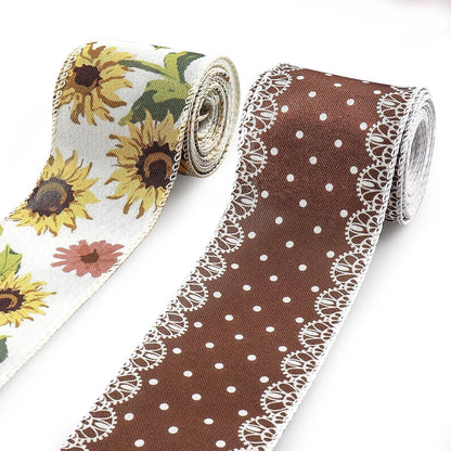 2 Rolls 10 Yard Thanksgiving Fall Wired Ribbon for Crafts Wreath Bow Making Sunflower Dot Ribbon Autumn Harvest Burlap Ribbon for Wrapping Thanksgiving Party Home Decoration 2.5'' - Crafty Corner