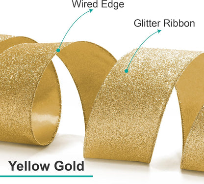 CT CRAFT LLC Glitter Wired Ribbon 1.5" x 10 Yards Yellow Gold for Christmas Home Decor Bow Gift Wrapping DIY Crafts Wreath - Crafty Corner