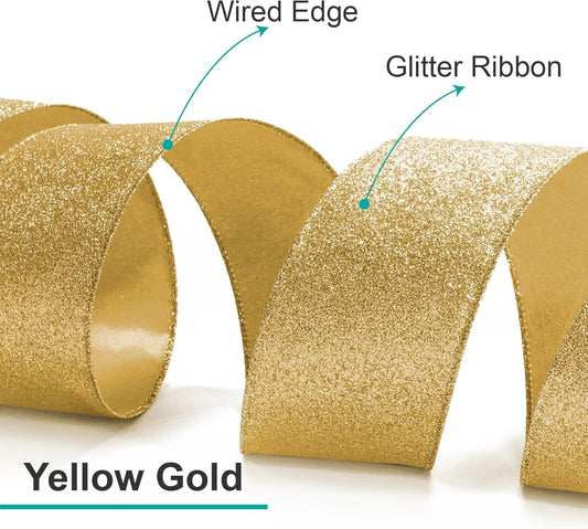 CT CRAFT LLC Glitter Wired Ribbon 2.5" x 10 Yards Yellow Gold for Christmas Home Decor Bow Gift Wrapping DIY Crafts Wreath - Crafty Corner