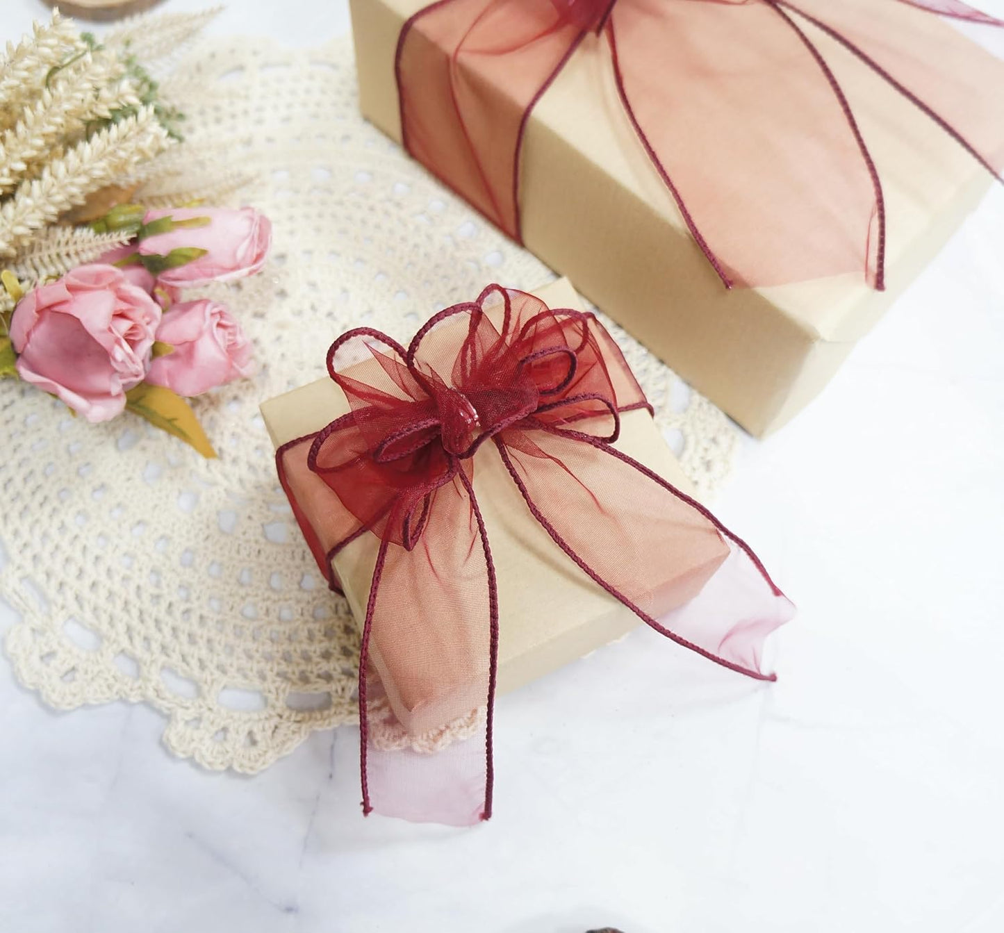 CT CRAFT LLC Sheer Organza Wired Ribbon 1.5" x 50Yards Burgundy for Wedding Chair Bow Flora Bouquet Gift Wrapping Christmas Tree Home Decor Wreath - Crafty Corner