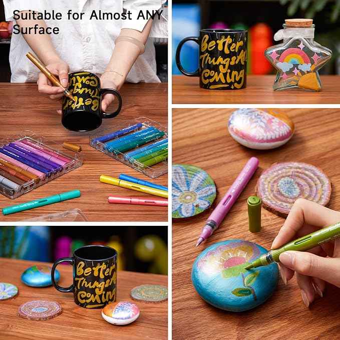 Automatic Ink Control Acrylic Paint Markers, Shuttle Art 24 Metallic Colors Brush Tip Acrylic Paint Pens for Rock Painting, Ceramic, Wood, Canvas, Glass, Stone, Fabric, Card Making, DIY & Art Supplies