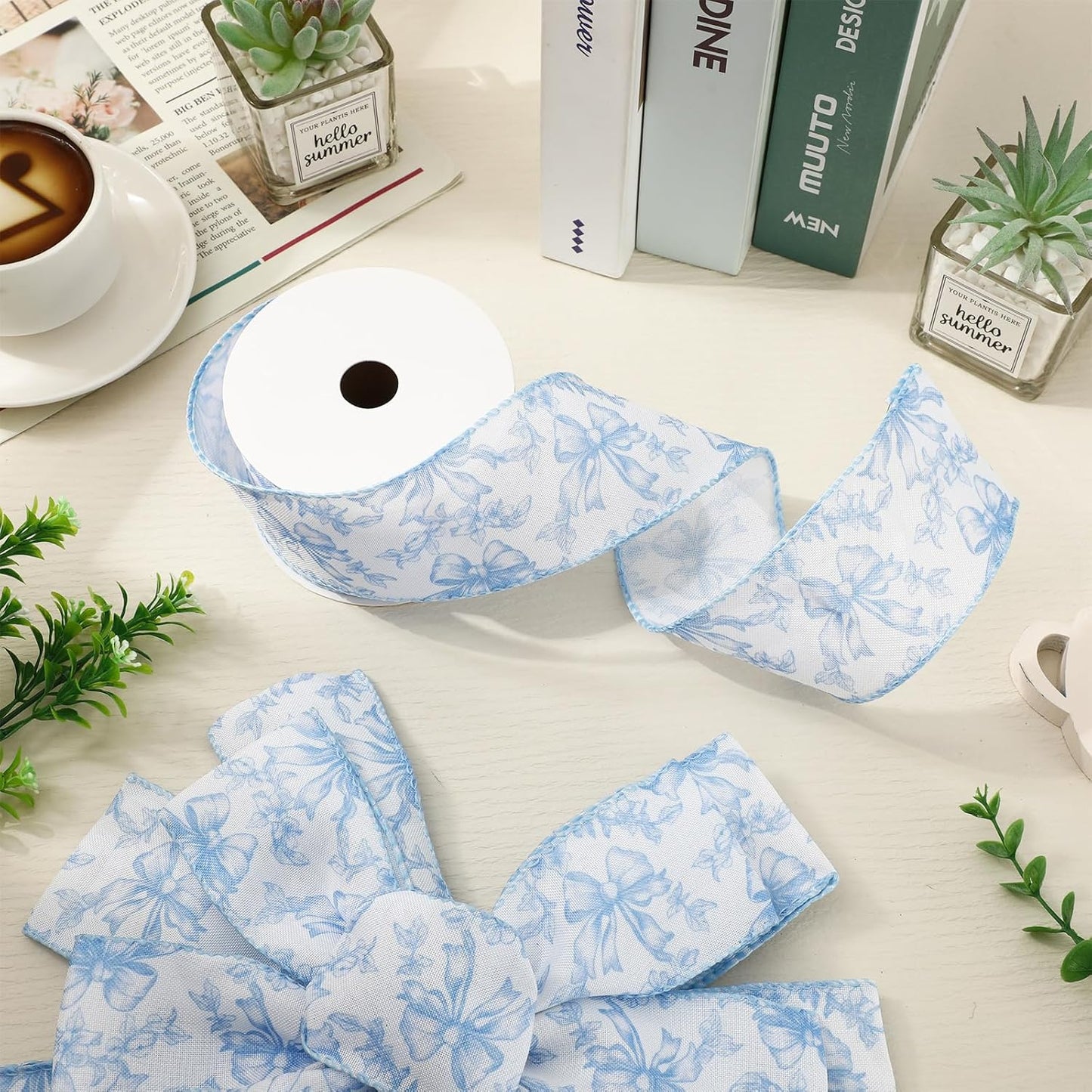 Blue Floral Bow Wired Edge Ribbon Chinoiserie Flower Bowknot Fabric Ribbon for DIY Crafts Wreath Bow Making Supplies, 12 Yard - Crafty Corner