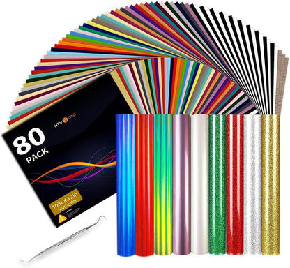 HTVRONT HTV Heat Transfer Vinyl Bundle: 80 Pack 12" x 10" Iron on Vinyl for T-Shirt, 39 Assorted Colors with Vinyl Accessories Tweezers for Silhouette Cameo or Heat Press Machine