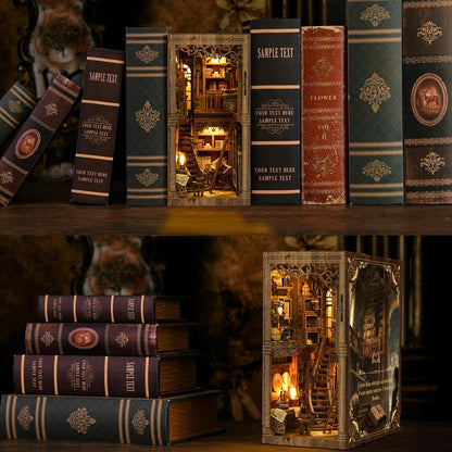 Book Nook Kits for Adult, DIY Miniature House Kit 3D Wooden Puzzles Miniature House Booknooks Dollhouse Bookend Bookshelf Insert Decor with LED Light Gift - Ancient Book Collection Room