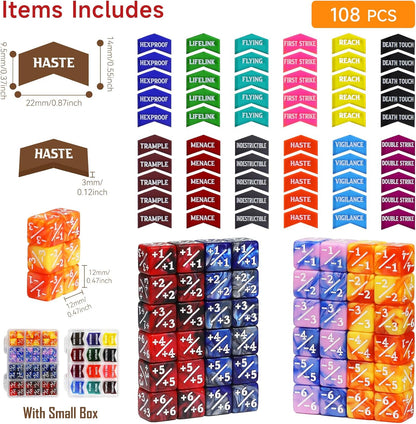 SIXPOINTS 108PCS 12mm MTG Counter Dice +1/+1 Tokens 6 Sided Dice & MTG Keyword Counters Tokens Set for Magic The Gathering, MTG, TCG, Card Games Accessories (4 Color Dices#E + MTG Keyword Counters)