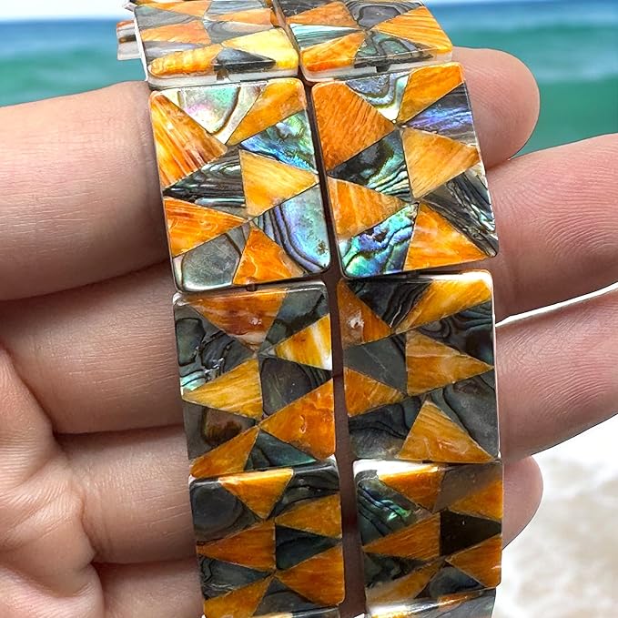 AlohaGemsUSA Spiny Oyster & Abalone Shell Beads - Native American Style (Triangular Mosaic Inlay Artistry with Meticulous Workmanship) Rectangle 15X20mm (Full Strand 16 Inches - 20 Beads)