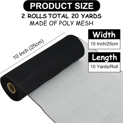 TONIFUL 2 Rolls 10 Inch Black Decorative Mesh Ribbbon Rolls, Fabric Mesh for Mesh Wreath Supplies, Front Door Wreath Crafts Tree Decor Christmas NewYears Halloween Decoration (10 yds/roll) - Crafty Corner