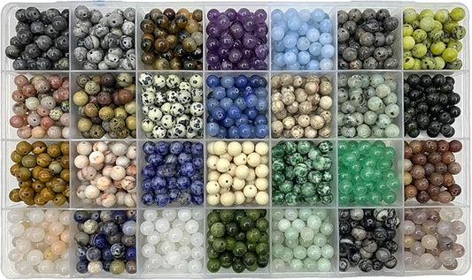 1260pcs 6mm Natural Round Stone Beads,Multiolor Crystal Energy Stone,Loose Gemstone Accessories Hole Size 1mm,DIY Smooth Beads Necklace Bracelet for Jewelry Making (6mm 28Color 01 Material-A)