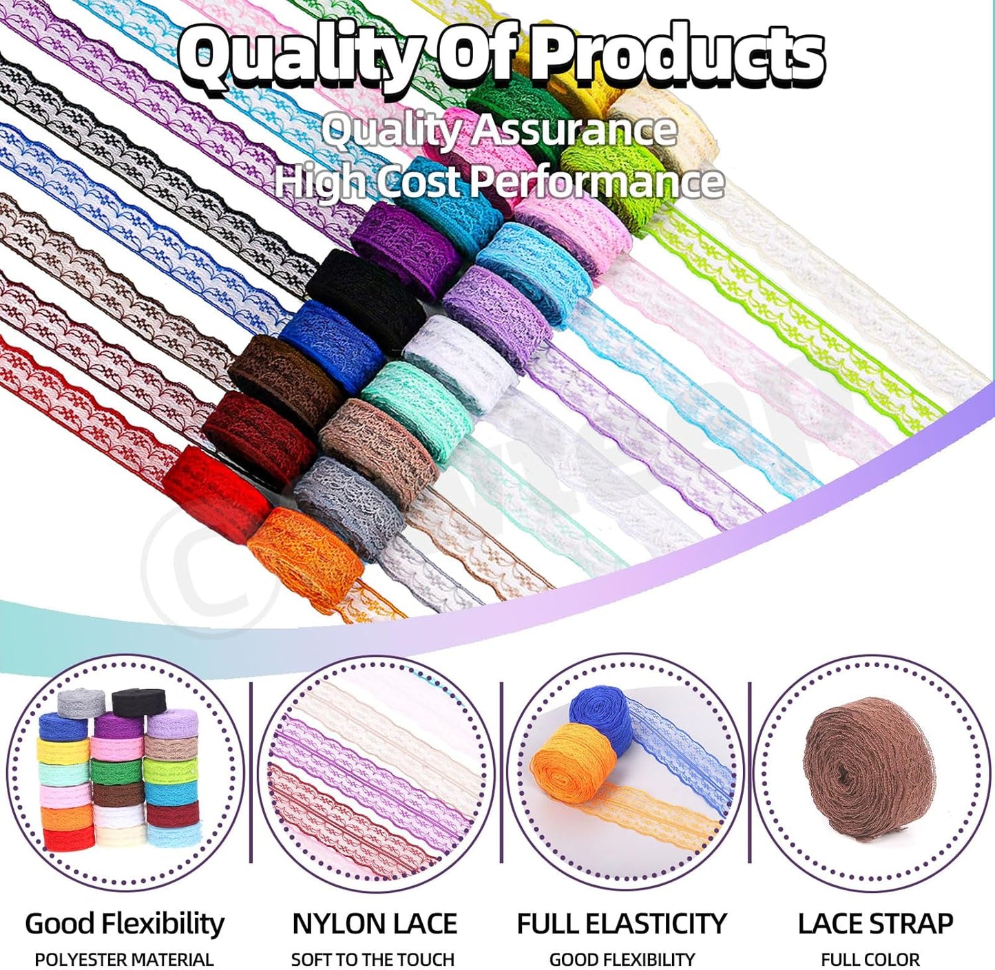 Swpeet 20 Rolls in Total 200 Yards 2.2cm×10 Yards Colorful Lace Ribbon Unilateral Floral Pattern Fabric Lace Ribbon, Lace Trim Ribbon Crafting Lace for Wedding Decorating, Sewing Gift Wrapping - Crafty Corner