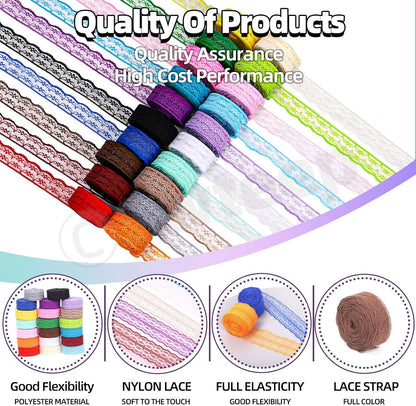 Swpeet 20 Rolls in Total 200 Yards 2.2cm×10 Yards Colorful Lace Ribbon Unilateral Floral Pattern Fabric Lace Ribbon, Lace Trim Ribbon Crafting Lace for Wedding Decorating, Sewing Gift Wrapping - Crafty Corner