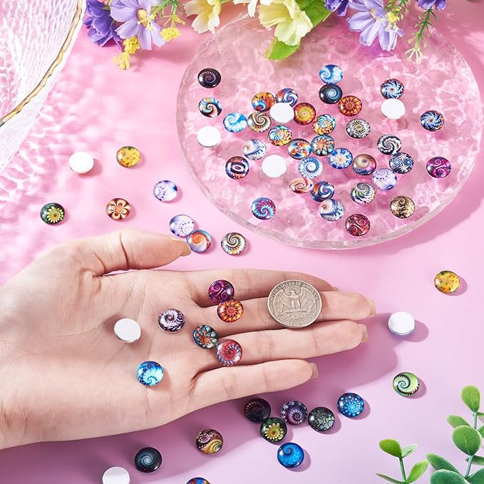100Pcs Printed Glass Cabochons for Jewelry Making, Vortex Printed Half Round Cameo Dome Tiles Flatback Dome Cabochons for Photo Cameo Pendant Scrapbooking DIY Crafts