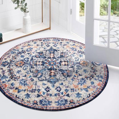 Lahome Bohemian Round Rug 3Ft Small Bedroom Round Area Rug Soft Bathroom Circle Mat, Vintage Machine Washable Non Slip Low Pile Indoor Floor Carpet for Kitchen Laundry Entryway, Blue Purple/Multi