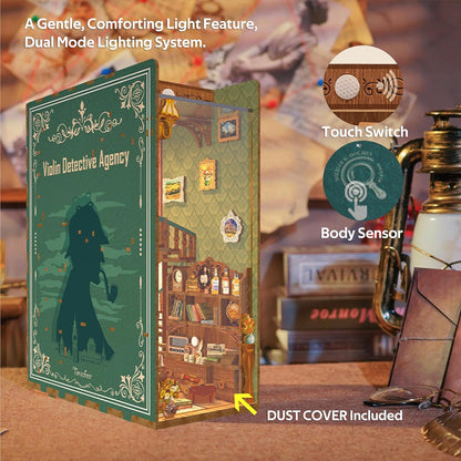 Tonecheer DIY Book Nook Kit for Adults, Wooden 3D Puzzle Bookend Bookshelf Insert Decor, Detective Booknook Miniature House Kit with Dust Cover and Body Motion Sensor LED (Violin Detective Agency)