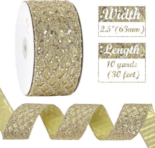 HUIHUANG Champagne Glitter Wired Ribbon for Christmas Tree 2.5 inch Champagne Gold Diamond Mesh Ribbon for Tree Decoration, Wreaths, Garland, Gift Wrapping, Bows Making, Home Decor -10 Yards - Crafty Corner