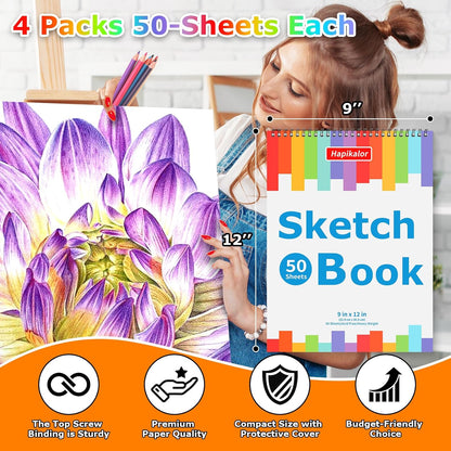 9" x 12" Sketch Book, 4-Pack 50 Sheets Spiral Bound Art Sketchbook, Acid Free Artist Drawing Paper Pad for Kids Adults, Party Art Supplies, Ideal Gifts for 8 9 10 11 12 13 14 Year Old Girl - Crafty Corner