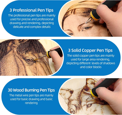LH55-Z2-NS3 wood burning pen Wood Burning Tool Pen 200~750℃, Wood Burning kit with Digital Thermometer,3 pyrographic Wood Burning pens, 3 solid copper pen tips, 33 Wood Burning Pen Tips - Crafty Corner