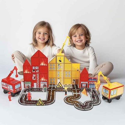 Fire Station Magnetic Tiles Set 60PCS | STEM Magnetic Building Blocks with Fire Trucks & Cranes | Educational Construction Toy for Kids Ages 3–8 | Compatible with All Tile Brands