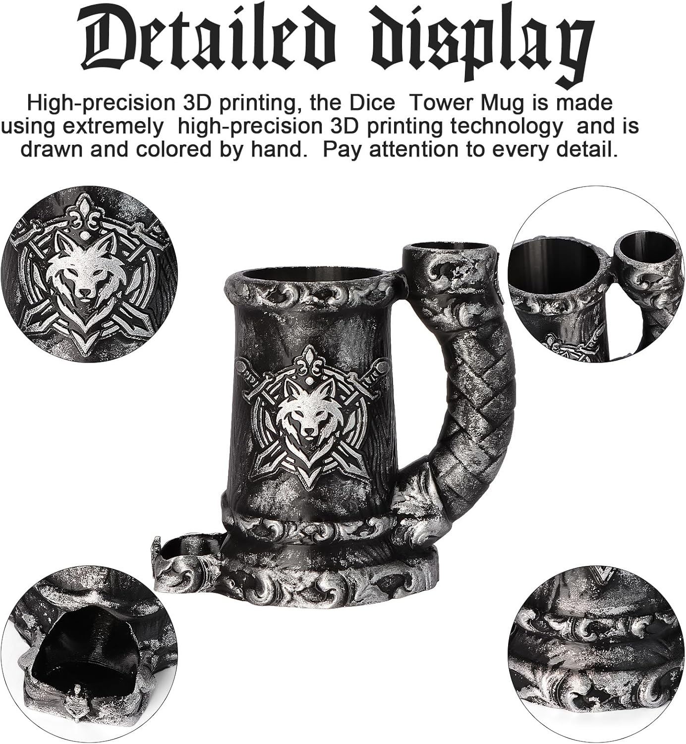 Mug Dice Tower - Dice Rolling Tower,(7PCS D20 Dice Set Included) for DND Gift and Dungeons and Dragon, Tabletop Games, Drink Holder, Tavern Style Board Game Roller (Black)