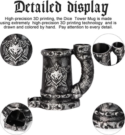 Mug Dice Tower - Dice Rolling Tower,(7PCS D20 Dice Set Included) for DND Gift and Dungeons and Dragon, Tabletop Games, Drink Holder, Tavern Style Board Game Roller (Black)