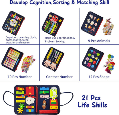 Montessori Busy Board for Boys 1 2 3 4 Year, Sensory Toys for Toddlers 1-4, Ideal for Travel and Preschool - ABCs, 123s, Shapes, Colors, Animals, Weather, Birthday Gifts