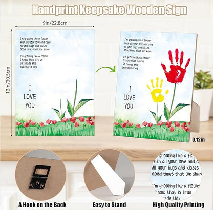Family Handprint Kit, Flower Handprint Keepsake Wooden Sign with Stand and Hook - 9x12 Inch, Mothers Day DIY Crafts, Birthday Mother's Day Gift for Mom, Gifts for Grandma