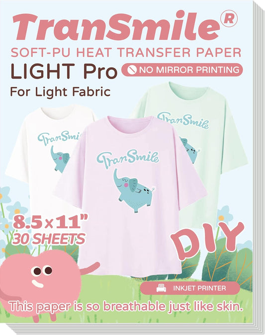 TranSmile PU-Heat Transfer Paper for T Shirts (30 Sheets, 8.5x11'', Light), Iron on Transfers for Light Fabric, Printable Heat Transfer Vinyl for Inkjet Printer