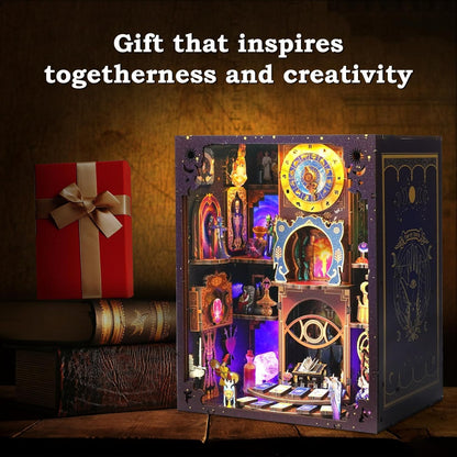 Tarot Book Nook Kit - 3D Wooden Puzzle for Adults, Teens & Beginners, DIY Miniature Bookshelf Insert with LED Light, Mysterious Craft Gift for Family, Friends