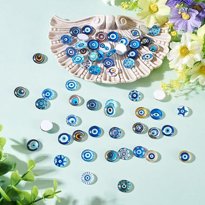 Craftora 100Pcs 12mm Transparent Evil Eye Glass Cabochons Mixed Blue Eyes Cameo Dome Tiles Flat Back Glass Covered Dome Tiles for DIY Bracelets Necklace Scrapbooking Art Crafts