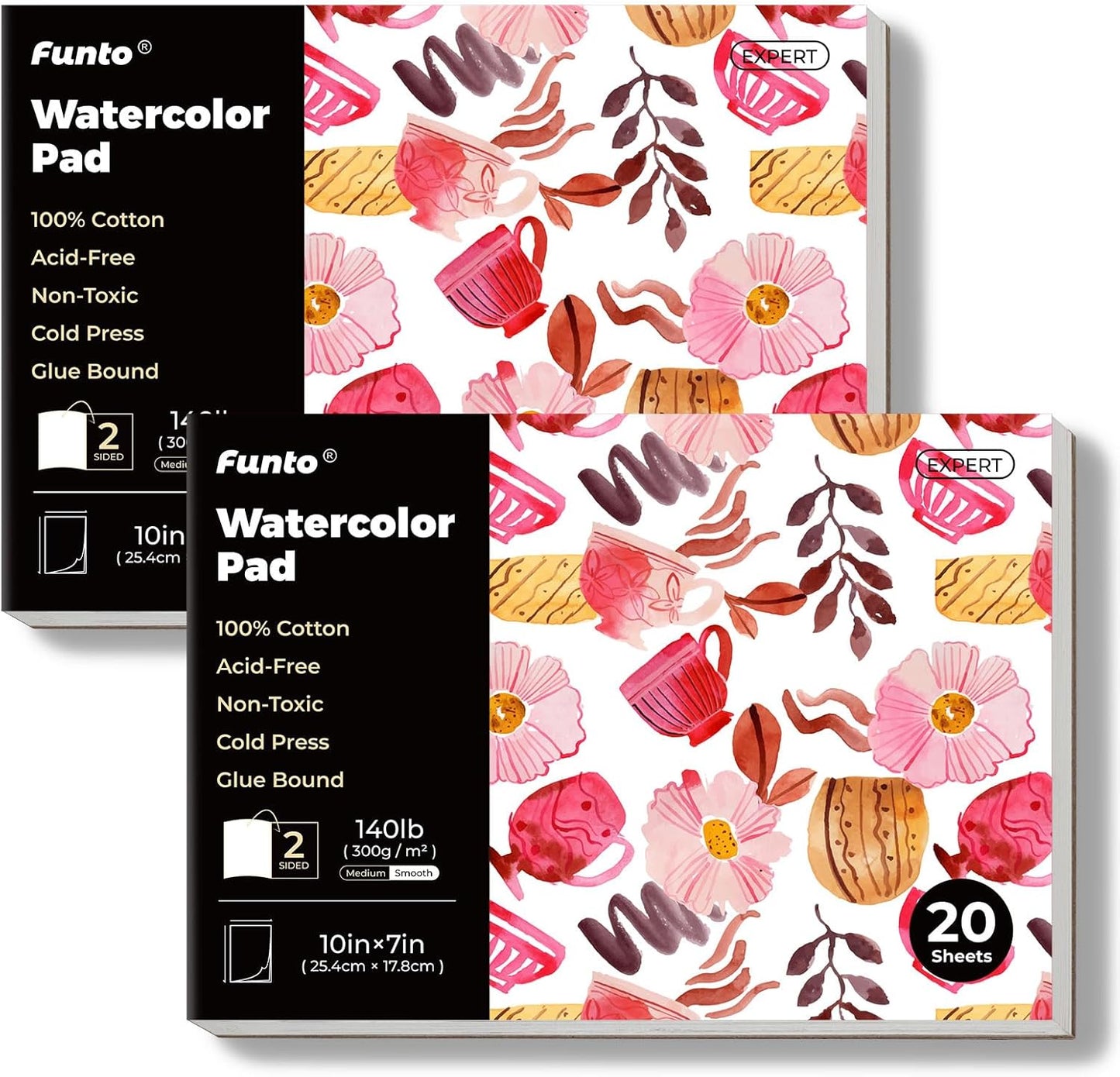 Funto Watercolor Pad, 2 Packs, 10×7", 20 Sheets Each, 140lb/300gsm, 100% Cotton, Glue Bound, Easy Tear Heavyweight Art Paper for Painting