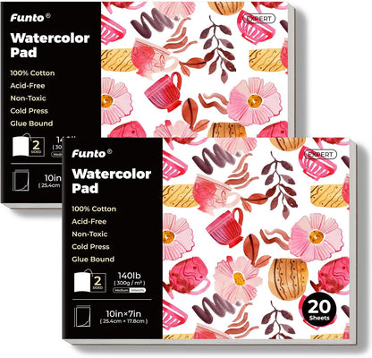 Funto Watercolor Pad, 2 Packs, 10×7", 20 Sheets Each, 140lb/300gsm, 100% Cotton, Glue Bound, Easy Tear Heavyweight Art Paper for Painting