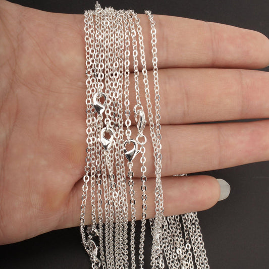 Wholesale 12 PCS Silver Plated Solid Brass Fine Flat Cable Chains Bulk for Jewelry Making 18-30 inches (24 Inch(2MM))