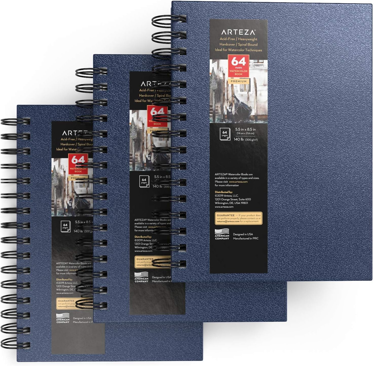 ARTEZA Watercolor Sketchbook Set,3-Pack,64 Pages per Book,5.5 x 8.5 Inches,Blue Hardcover Spiral Notebooks,140-Pound Premium Watercolor Paper for Artists - Crafty Corner