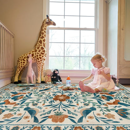 Morebes Washable Floral 8x10 Area Rugs for Living Room, Soft Insect Rug for Bedroom Non Slip, Ultra-Thin Distressed Birds Indoor Floor Throw Carpet for Classroom Playroom Farmhouse, Beige/Multi