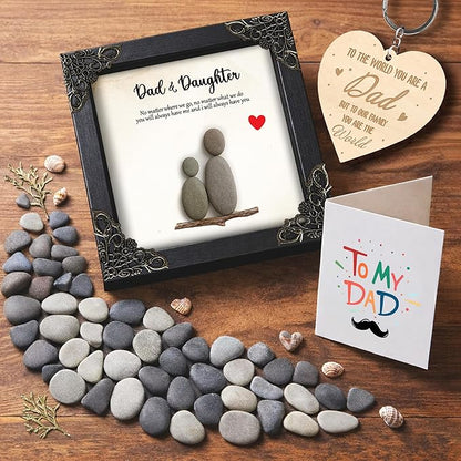 Dads Gifts from Daughter, 4.7" Pebble Art Frame Dad & Daughter Plaque, Engraved Daddy Keychain, Thank You Card, Best Dad Ever Gift Set, Birthday Gift for Husband, Fathers Day Present S199-47