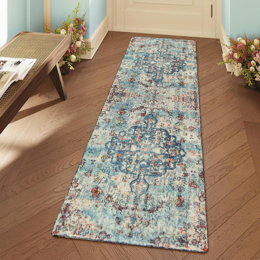Lahome Bohemian Floral Medallion Runner Rug - 2x6 Hallway Laundry Rug Runner Washable Kitchen Sink Mat Distressed Turkish Non-Slip Soft Bedside Carpet for Doorway Bedroom, Vintage Teal/Multi