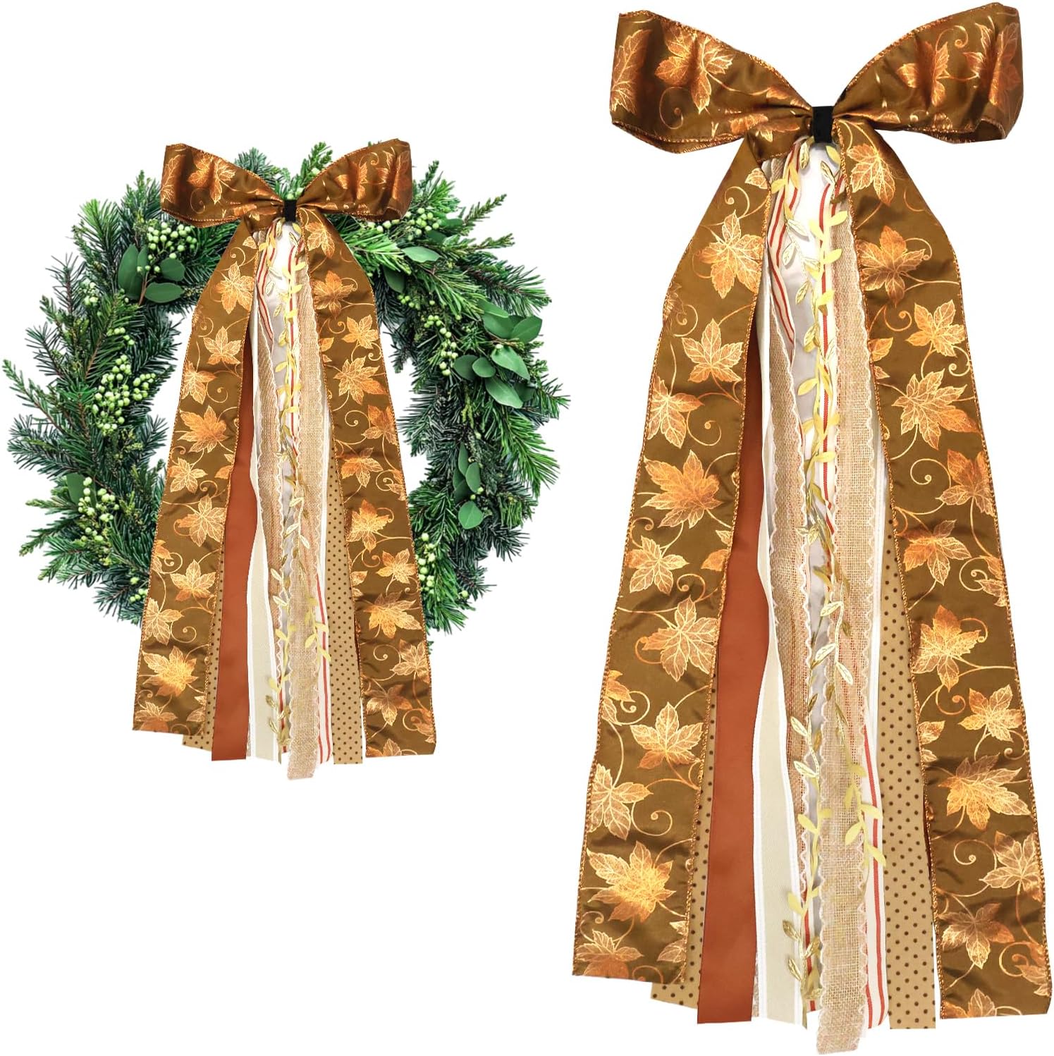 Large Maple Leaf Ribbons Bow for Wreath, Orange Glitter Dot Fabric Ribbons Set Assorted Leaf Lace Ribbon Stripe Clip-On Wreath Sash Ribbon Bundle for Fall Thanksgiving Home Indoor Outdoor Decor - Crafty Corner