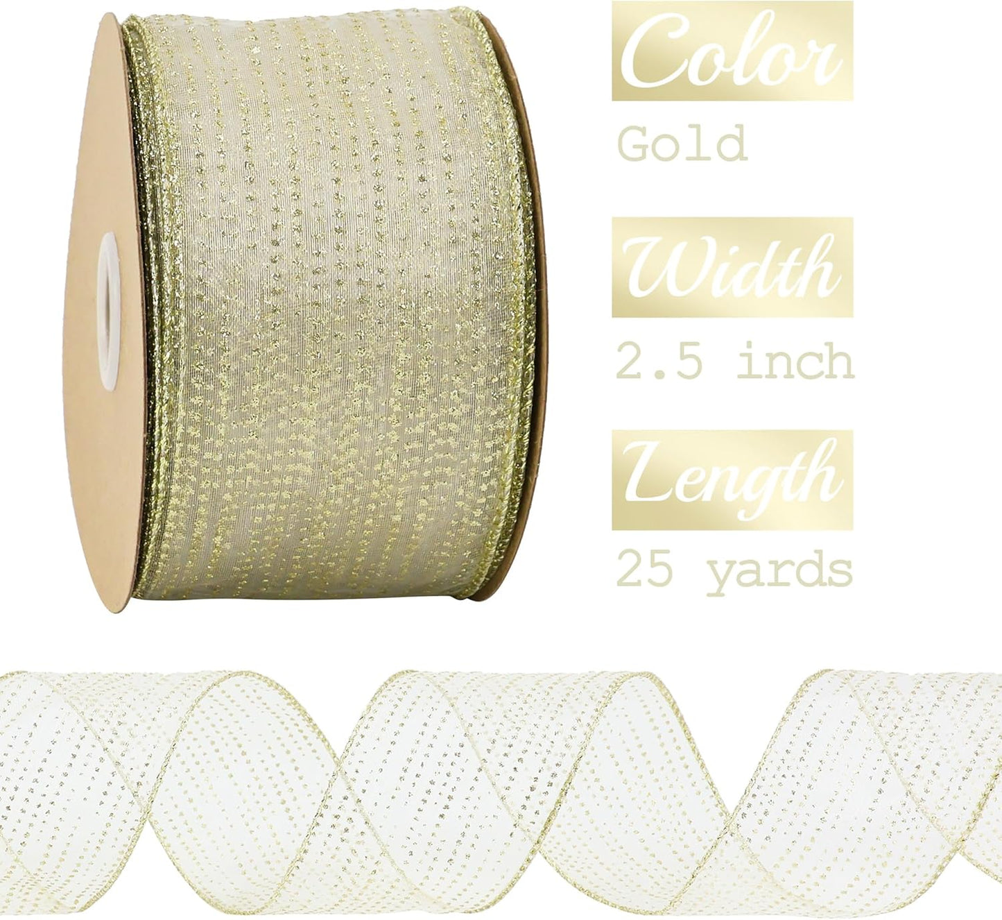 MEEDEE Glitter Gold Wired Ribbon 2.5 Inch Horizontal Stripes Polka Dot Christmas Ribbon Organza Sheer Glitter 25 Yards Gold for Christmas Tree, Wreath Bow Making - Crafty Corner