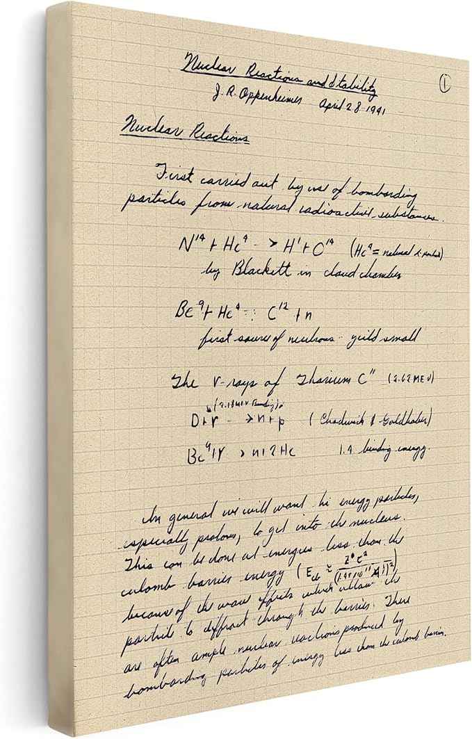 Poster Master Oppenheimer Canvas - Retro Atomic Bomb Manuscript Print - Manhattan Project Art - Gift for Him, Her, Scientist - Physics Decor for Office, Library - 24x32 STRETCHED Canvas