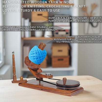 Yarn Winder – Large Handcrafted Wooden Ball Winder for Knitting, Crocheting & Weaving – Heavy-Duty Natural Rosewood Yarn Winder for 8-12 oz Yarn Cakes