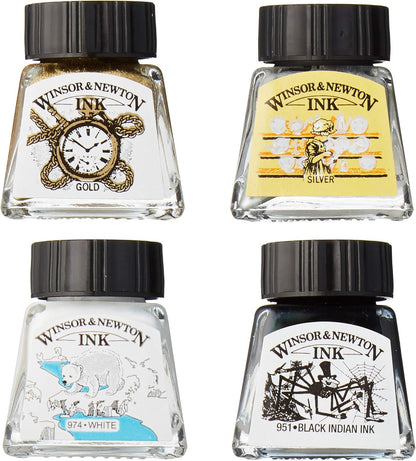 Winsor & Newton Collection Drawing Ink Set, Set of 4, Black, White, Metallic Tones - Crafty Corner