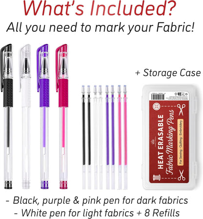 Lange & König Heat Erasable Fabric Marking Pens for Sewing - 4 Pens + 8 Refills - Sewing Supplies Quilting Supplies Sewing Accessories Embroidery Supplies Pen Tailors Chalk Fabric Chalk Alternative