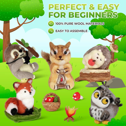 MOREJMTT Needle Felting Kit, 5 PCS Animal Needle Felting Beginner Kits, Wool Felt Needle Felting Tools Foam Pad, Craft Party Supplies for Beginners Adult(Forest Animals)