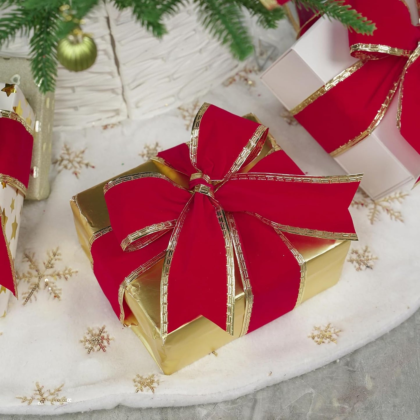 MEEDEE Red Velvet Ribbon 2.5 Inch With Gold Greek Key Edge - 10 Yards Wired Christmas Ribbon for Tree Decoration, Topper Bow, Garland - Crafty Corner
