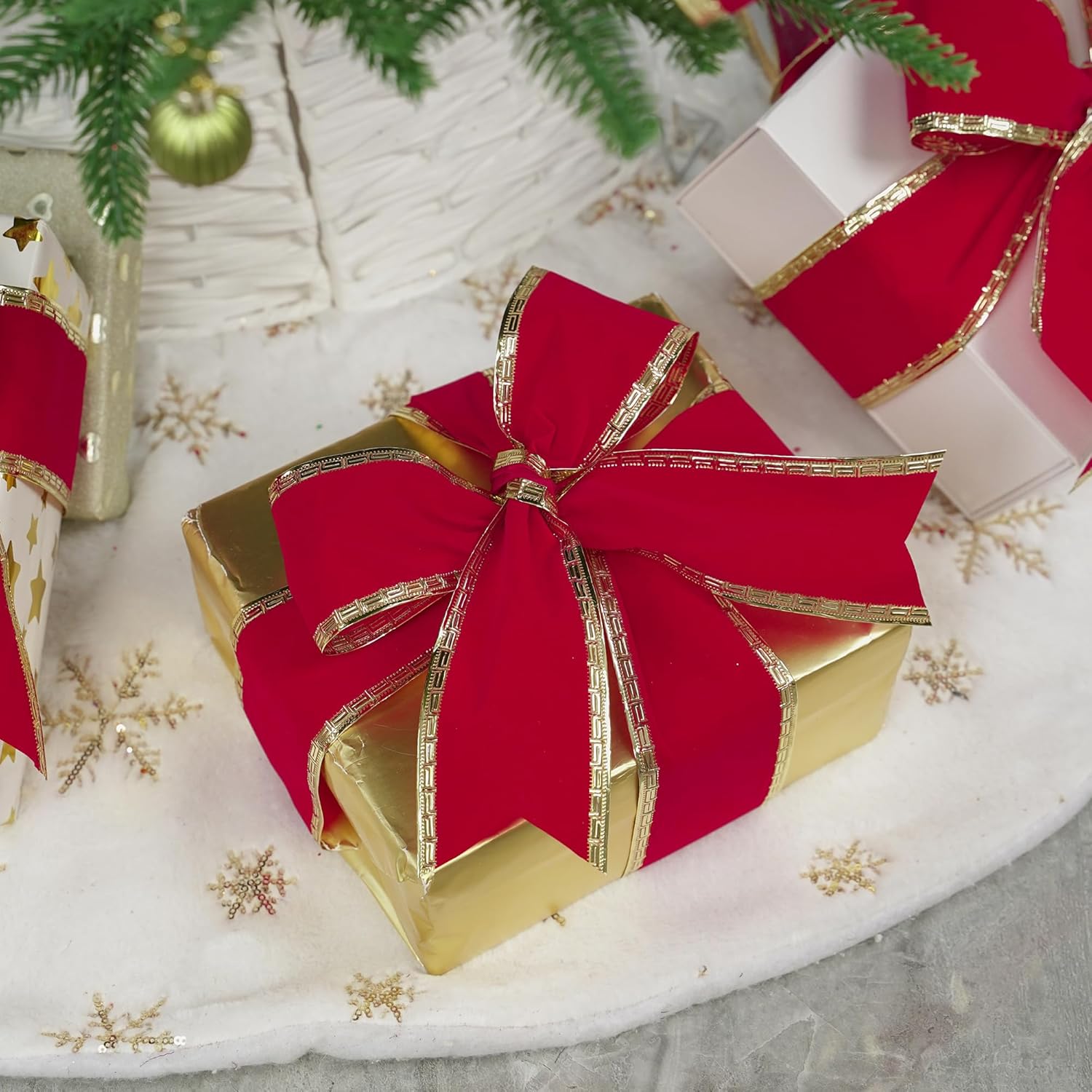 MEEDEE Red Velvet Ribbon 2.5 Inch With Gold Greek Key Edge - 10 Yards Wired Christmas Ribbon for Tree Decoration, Topper Bow, Garland - Crafty Corner
