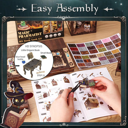Fsolis Book Nook Kit, DIY Miniature Dollhouse Kit, 3D Wooden Puzzle for Adults, 282 Pieces, Bookshelf Decor Tiny House Mini Booknook Craft, Gifts for Women Teens and Puzzle Lovers (Magic Pharmacist)