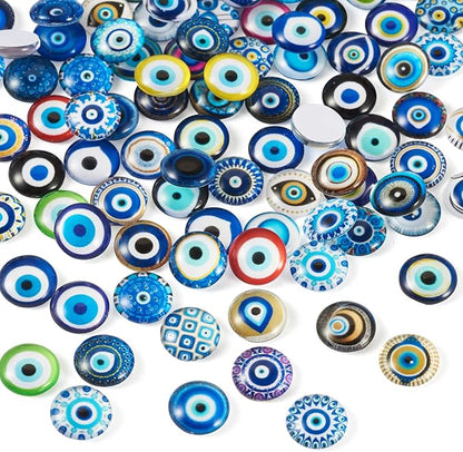Craftora 100Pcs Evil Eye Glass Cabochons for Jewelry Making, 12x4mm Blue Eyes Half Round Cameo Dome Tiles Flatback Dome Cabochons for DIY Bracelets Necklace Scrapbooking DIY Crafts
