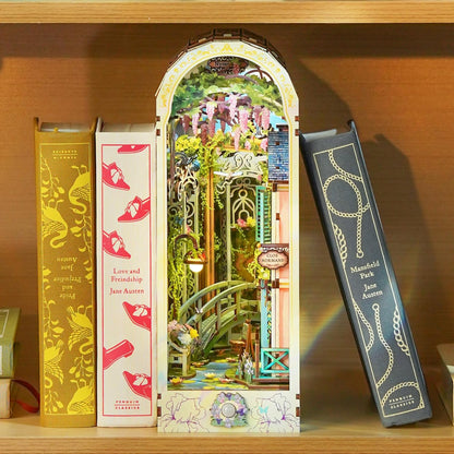 Tonecheer DIY Book Nook Kit for Adults, 3D Puzzle Wooden Miniature House Kit, Booknook Dollhouse Bookshelf Insert Decor Bookend with Dust Cover and LED Lights Gifts (Giverny Garden)