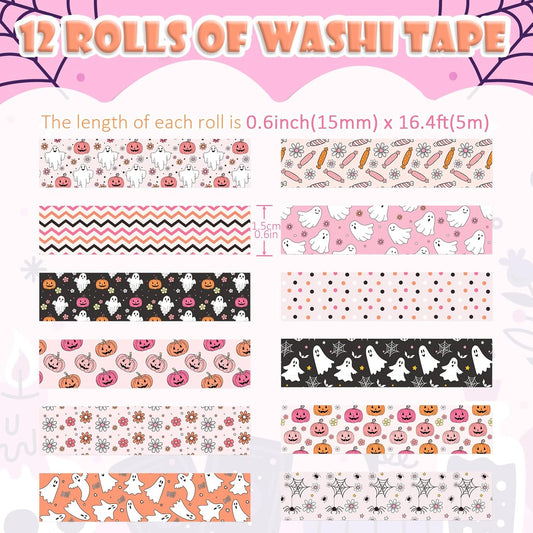 12 Rolls Halloween Washi Tape, Cute Ghost Pumpkin Spiders Masking Tape Boho Holiday Decorative Tapes Set for Scrapbooking, DIY Crafts, Party Decor 16.4FT