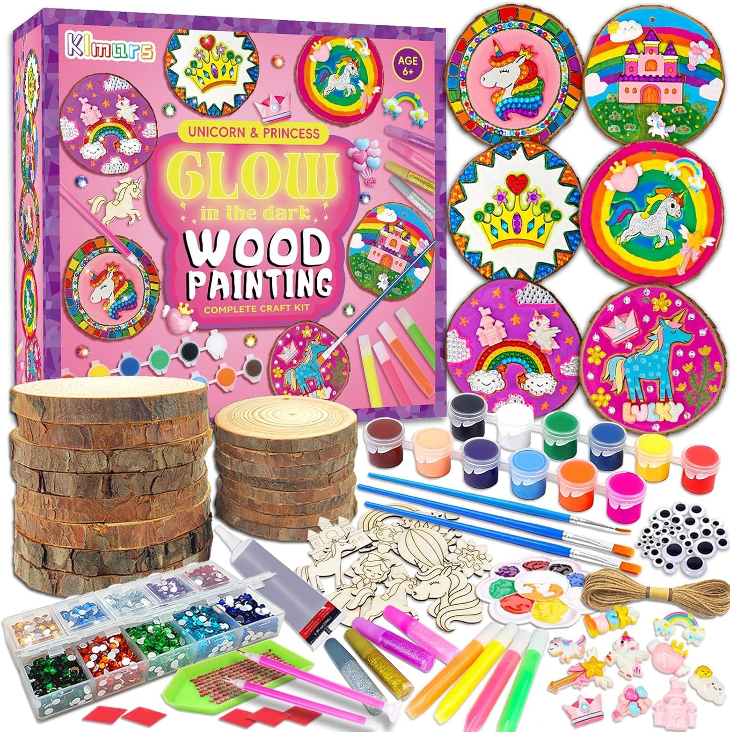 klmars Unicorn Themed Wooden Painting Kit-Glow in The Dark-Arts & Crafts Gifts for Kids Girls Ages 5-12-Wood Slice Craft Activities Kits -Unicorn Art Toys for Kids Christmas Gifts