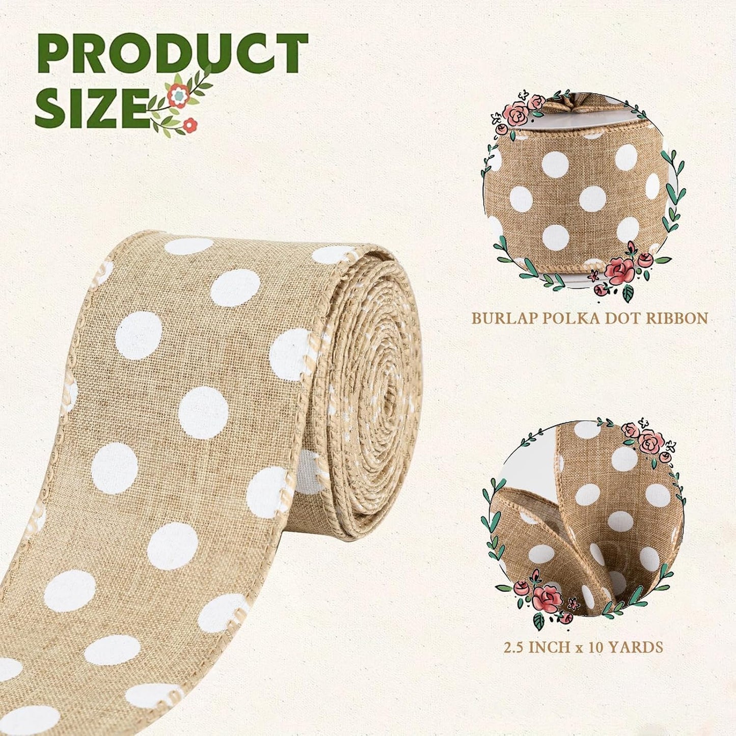 Burlap Ribbon Wired, Farmhouse Rustic White Dots Ribbon for Gifts Wrapping DIY Crafts Floral Bows Wreath Making Party Supplies Holiday Home Decoration, 2.5 Inch x 10 Yards - Crafty Corner